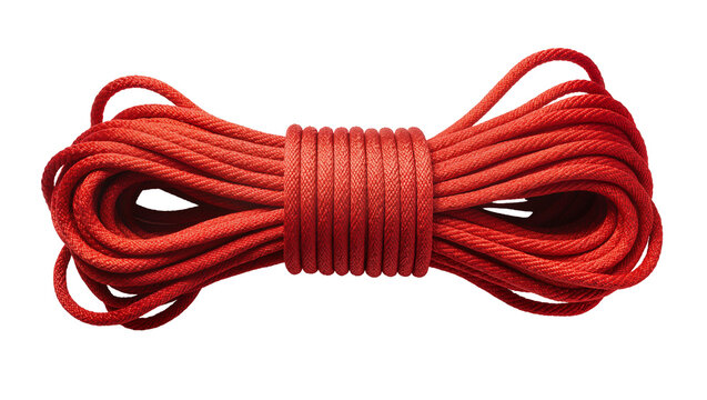 Thick red nylon rope coiled neatly, isolated on transparent background