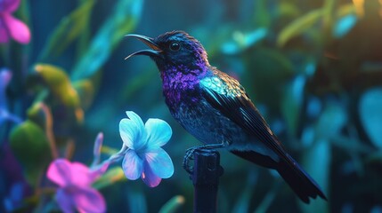 Fototapeta premium Colorful Hummingbird on Flower, Night Scene. Possible Use Stock photo