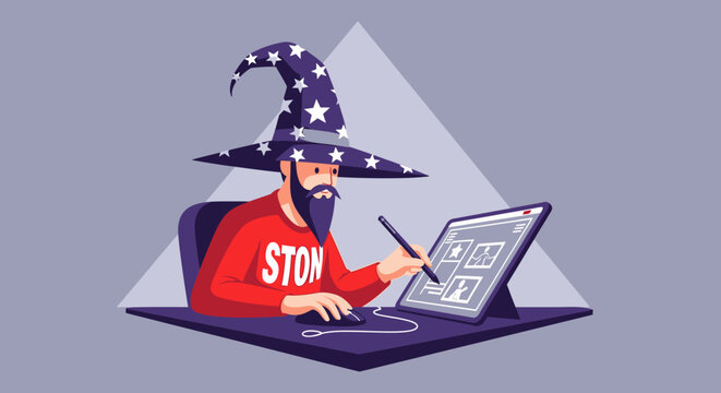 Bearded man in wizard hat working on a digital tablet with a stylus.