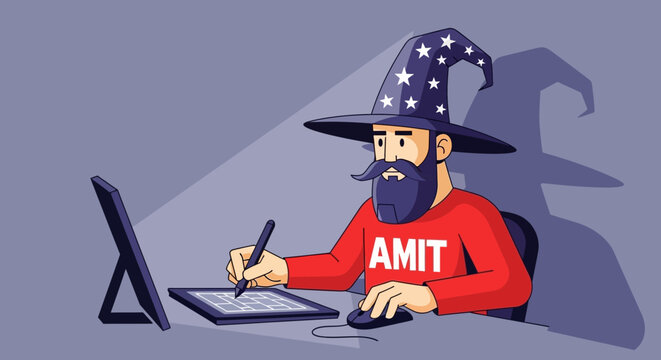 Bearded man in wizard hat working on digital tablet.