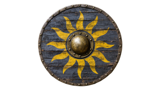 Ancient wooden round shield with sun emblem, isolated on transparent background