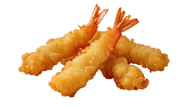 Golden crispy fried shrimp tempura pieces, isolated on transparent background