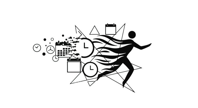 Abstract representation of a person running against a backdrop of dissolving clocks and calendars, symbolizing the passage of time.