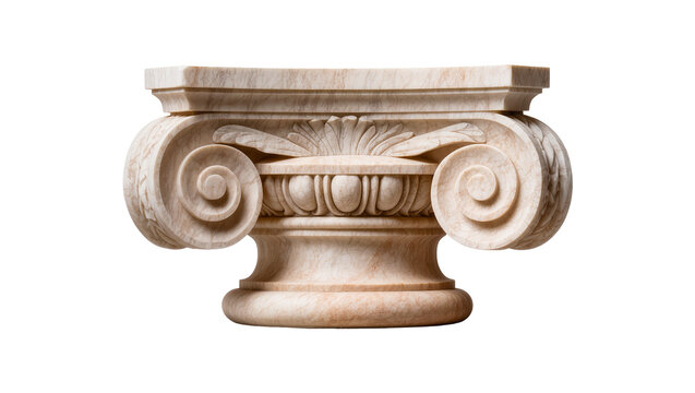 Ornate Ionic column capital carved from beige marble, isolated on transparent background