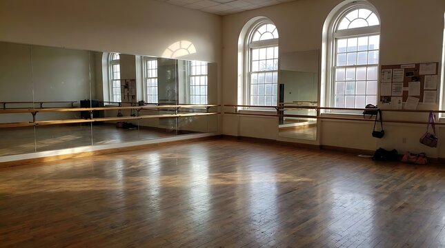 A spacious dance studio with wooden floors and mirrors along the wall