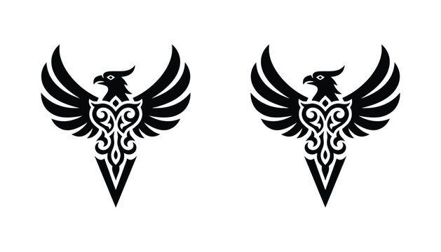 Stylized heraldic eagle emblem in line drawing and solid black vector illustration