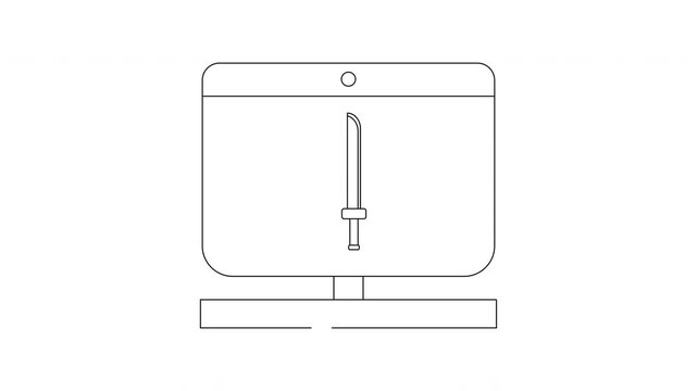 Minimalist Line Art of a Computer Monitor Displaying a Katana Sword.
