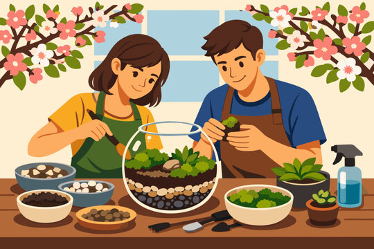 Couple works together on a terrarium in a bright room with plants and stones around them during a sunny day