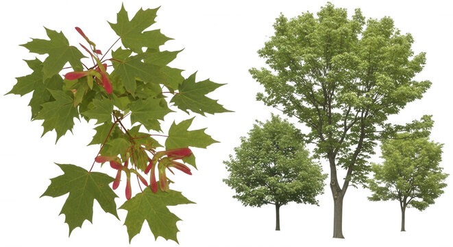 A collection of green maple tree foliage with red samara seeds and three distinct green maple trees isolated on a black background