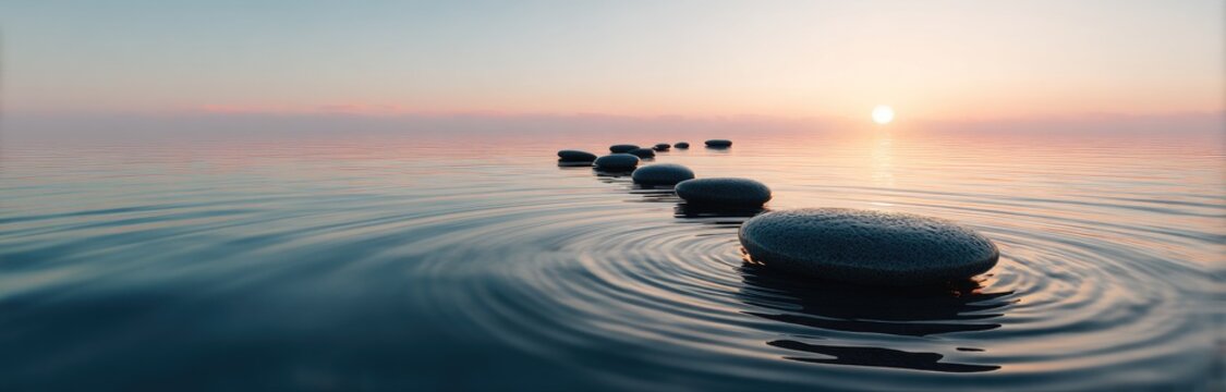A serene waterscape depicts a pathway of stepping stones leading towards a soft, glowing sunset on the horizon. The water has ripples