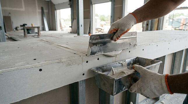Professional worker applying joint compound to drywall seams using a taping knife and mud pan at a construction site