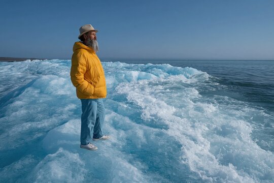 Bearded man gazing at sea from frozen shoreline in daylight