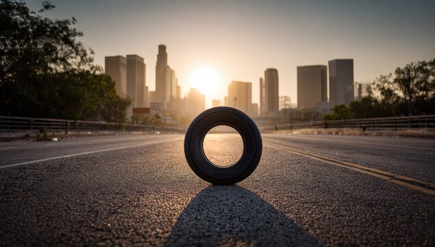 Lone tire on empty road at sunset with city skyline silhouette