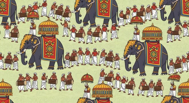 Traditional Sri Lankan Esala Perahera festival seamless pattern with decorated elephants and drummers, vector illustration