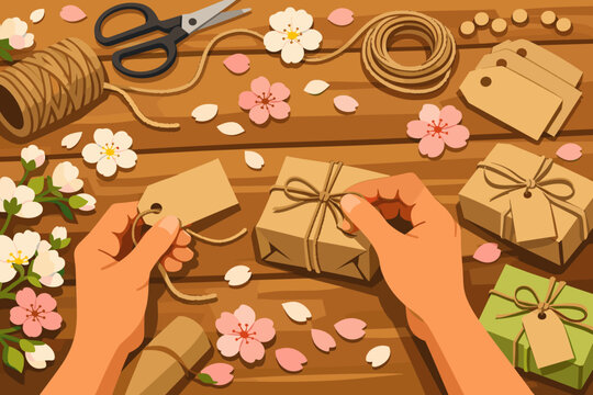 Hands making gift packages with string and tags on a wooden table with flowers and scissors