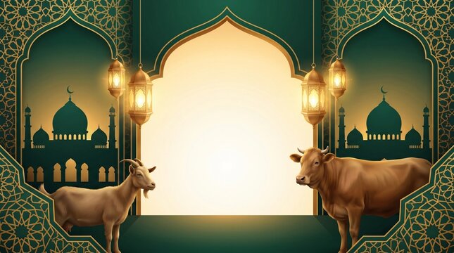 Luxury islamic arch background for eid al adha with golden lantern and cow