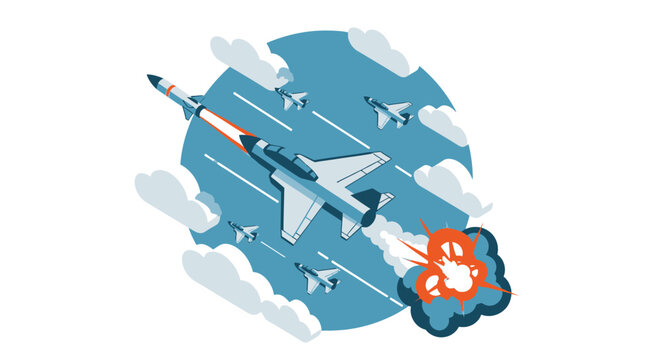 Fighter jet firing missile in aerial combat.