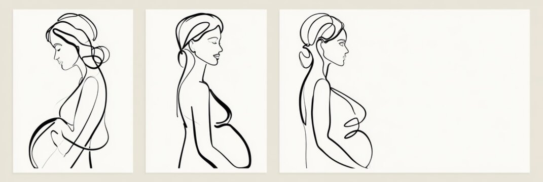 This artwork features three line drawings that illustrate pregnancy stages from the first to third trimester in a simple and elegant style.