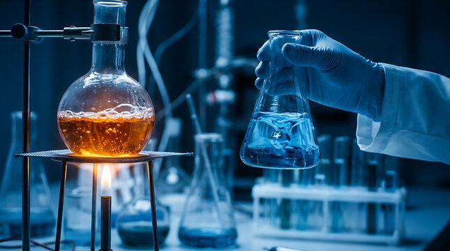 Scientist holding an erlenmeyer flask with blue liquid while heating orange chemicals over a bunsen burner in a dark laboratory
