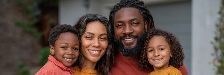 Fototapeta premium Mixed family smiling and standing in driveway setting