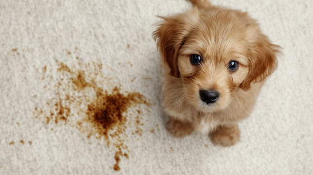 Sad-looking puppy with warm, fluffy golden-brown fur standing on a stained beige carpet