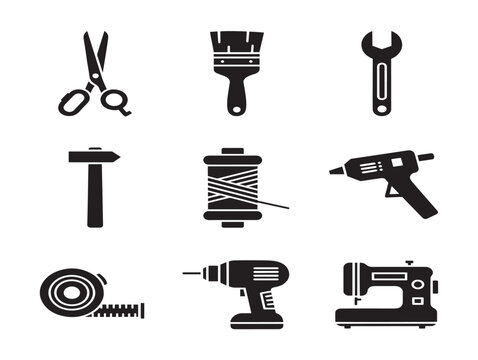 Vector set of crafting and sewing tools in flat line art style