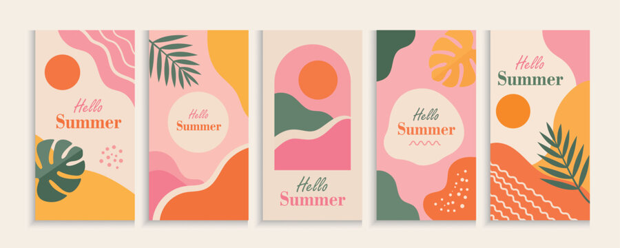 Creative Modern abstract summer social media story templates with pastel colors, organic shapes, tropical leaves. Templates for celebration, ads, branding, banner, cover, label, poster, sales
