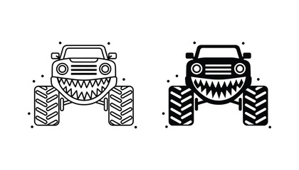 Monster truck front view with fierce grin vector illustration outline and silhouette isolated © Creative