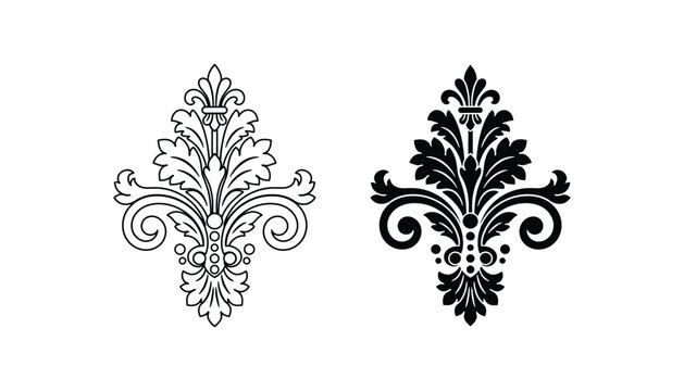 Ornate baroque flourish decorative element vector illustration in line art and silhouette