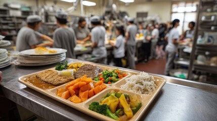 Obraz premium School lunch tray featuring colorful fresh vegetables and grains served in an institutional cafeteria setting