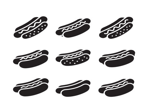 Set of nine vector hot dogs with mustard illustration