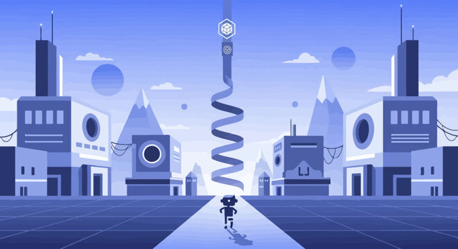 Small robot character stands on a path in a futuristic city.