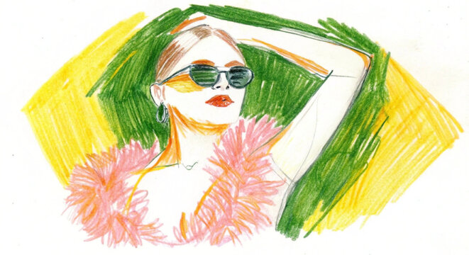 Glamour Fashion Woman Vector Portrait with Pink Feather Outfit and Trendy Sunglasses