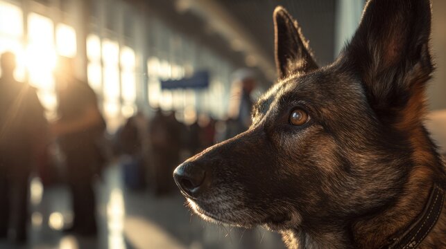 Security dog with alert expression at airport security check, engaged in patrol and inspection, k9 working dog in service uniform