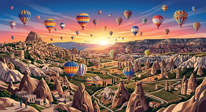 Magical sunrise over Cappadocia with colorful hot air balloons flying above fairy chimneys, vector illustration of Turkey travel concept