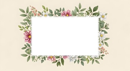 Fototapeta premium Rectangular Floral Border with Pink and White Flowers for Wedding Cards