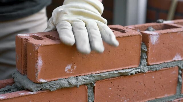 bricklayer building house wall from red bricks, applying mortar
