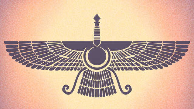 Faravahar symbol of Zoroastrianism on a textured gradient background