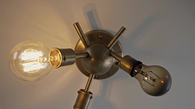 Lighting fixture displays multiple bulbs with changing brightness in varied positions. Unique design on grey wall background. Concept of home decor, interior design, lighting solutions