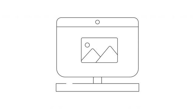 Simple Line Art Icon of a Computer Displaying a Landscape Image.