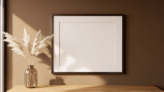 Brown wall with empty picture frame.