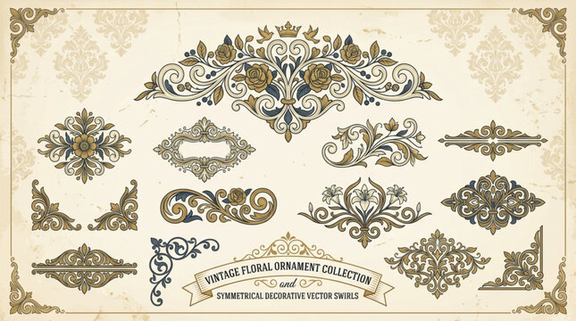 Collection of ornate vintage decorative elements and borders.