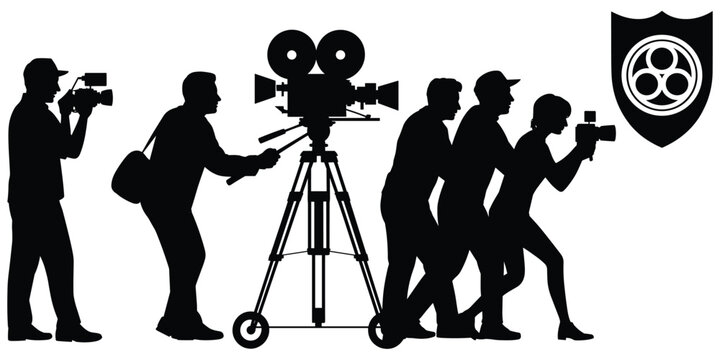 Flat vector illustration of filmmakers operating cameras silhouettes, film production concept, video design and cinematic artwork