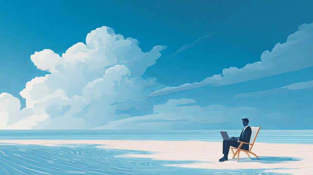 Professional businessman in a suit sitting on a chair at the beach working on his laptop during a sunny day