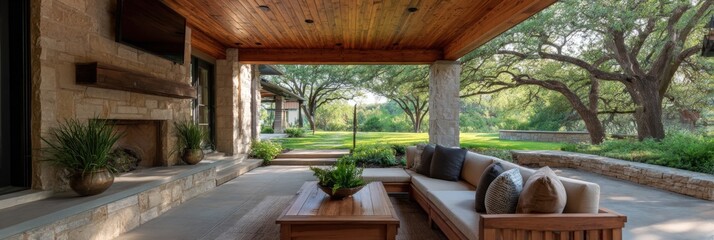Fototapeta premium Covered outdoor living area wooden ceiling stone fireplace sectional sofa coffee table overlooking oak trees lawn