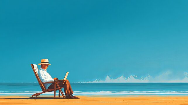 Mature man wearing a sun hat sitting on a wooden chair while working on his laptop at the sunny beach