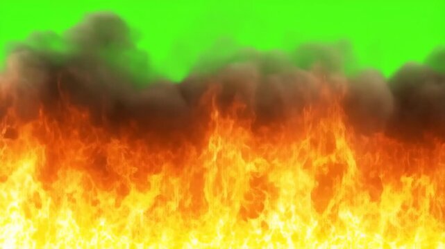 Animated fire wall with black smoke on a green screen for visual effects
