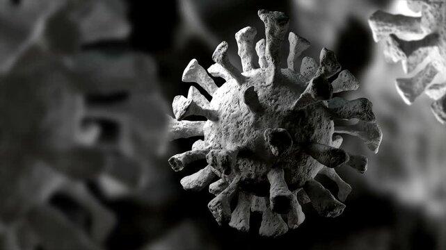Monochrome 3d animation of virus cell under microscope loop.