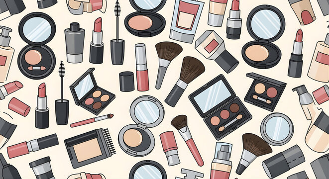 Seamless pattern with makeup icons and feminine beauty products set.