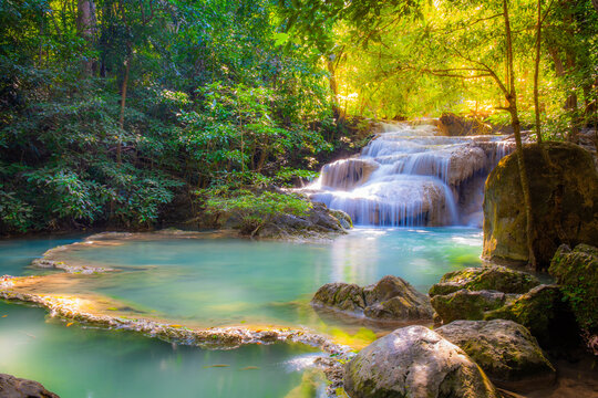 Landscape of Erawan waterfall in national park Is a waterfall in the deep forest with antimony fish at Kanchanaburi, Thailand.